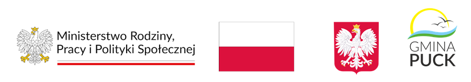 Logo Ministerswa Rodziny Pracy i Polityki Społecznej Flaga Polski Godło Polski Logo Gmina Puck 