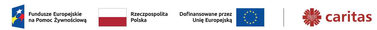Logo Fundusze europejskie, flaga Polski, flaga Unii Europejskiej, logo Caritas